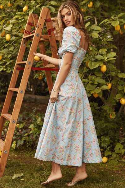House of CB tallulah sininen vintage kukkainen puffihihainen midi-mekko Z000Z572 vaatetus